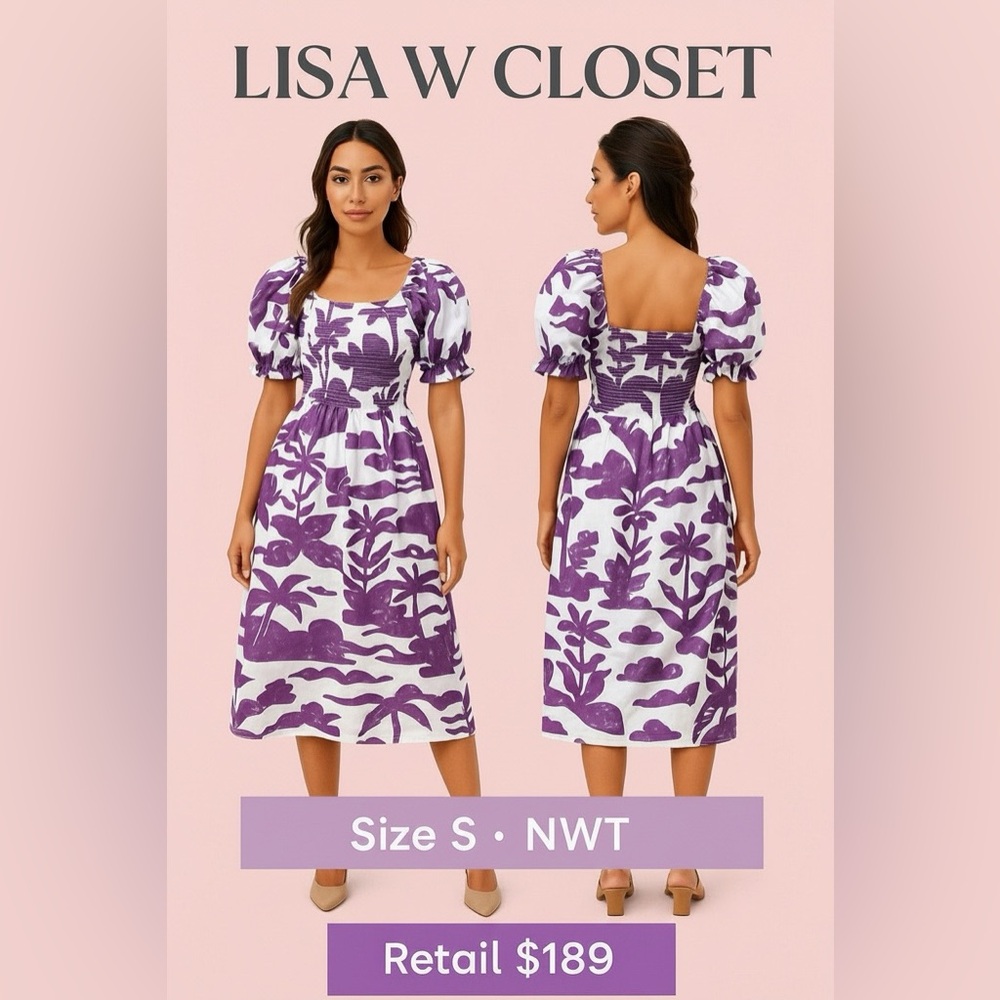 NWT Jessie Zhao Malie Purple White Smocked Puff Sleeve Midi Dress size Small